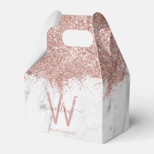 Rose Gold Pink White Marble Glitter Dust Monogram Favor Boxes