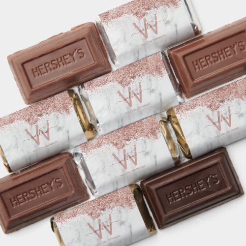 Rose Gold Pink White Marble Glitter Dust Monogram Hersheys Miniatures