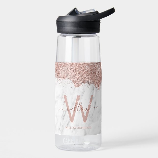 Rose Gold Pink White Marble Glitter Dust Monogram Water Bottle (Left)