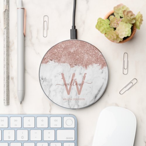 Rose Gold Pink White Marble Glitter Dust Monogram  Wireless Charger