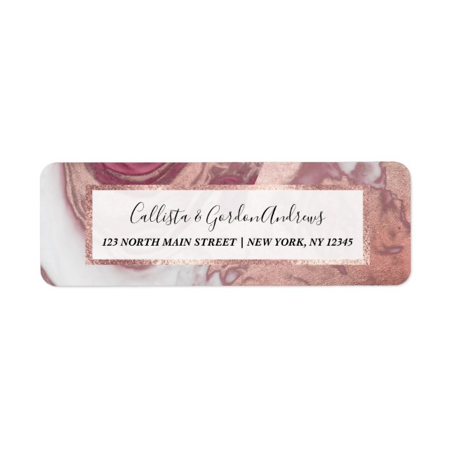 Rose Gold Pink White Painted Girly Abstract Marble Label (Front)