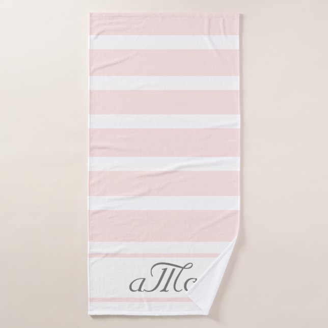 Rose gold pink white stripes couple monogram bath towel (Bath Towel)