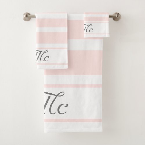 Rose gold pink white stripes couple monogram bath towel set