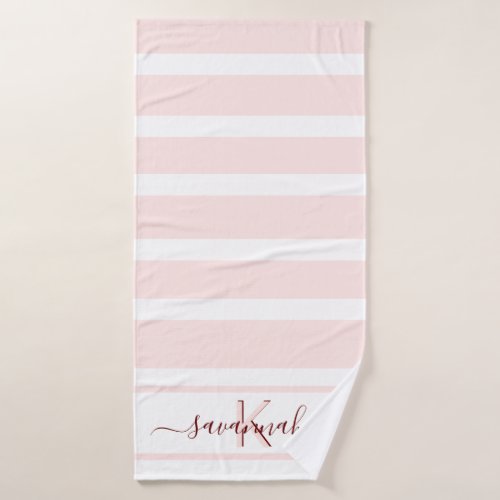 Rose gold pink white stripes monogram name bath towel