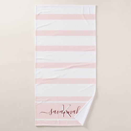 Rose gold pink white stripes monogram name bath towel