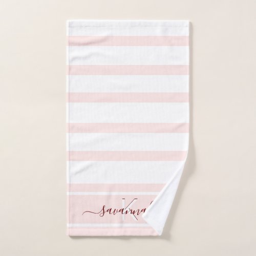 Rose gold pink white stripes monogram name hand towel 