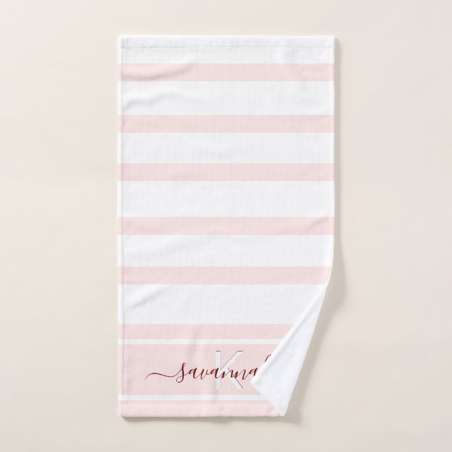 Rose gold pink white stripes monogram name hand towel  (Hand Towel)