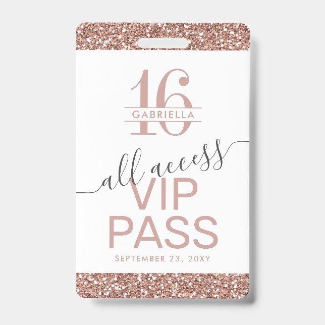 Rose Gold Pink White Sweet 16 Invitation VIP Badge (Front)
