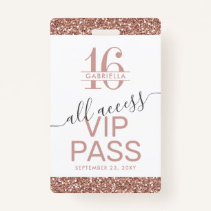 Rose Gold Pink White Sweet 16 Invitation VIP Badge
