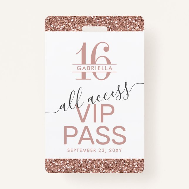 Rose Gold Pink White Sweet 16 Invitation VIP Badge (Front)