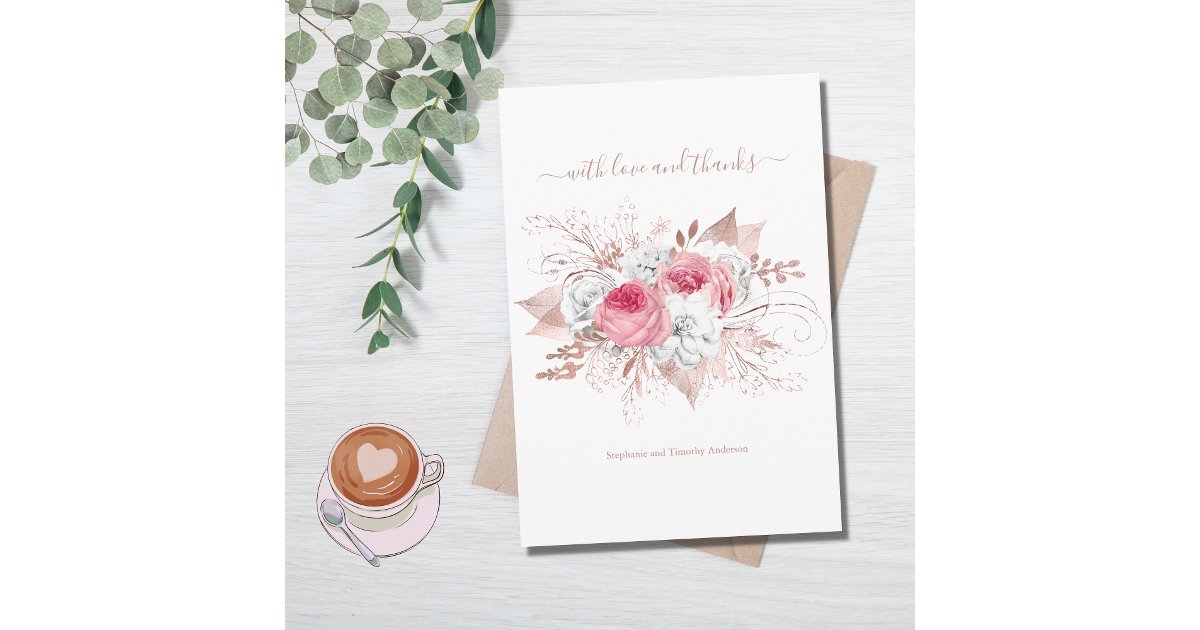 Rose Gold Pink White Watercolor Floral Wedding Thank You Card | Zazzle