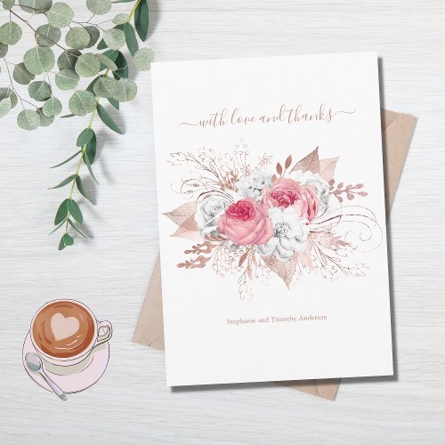 Rose Gold Pink White Watercolor Floral Wedding  Thank You Card