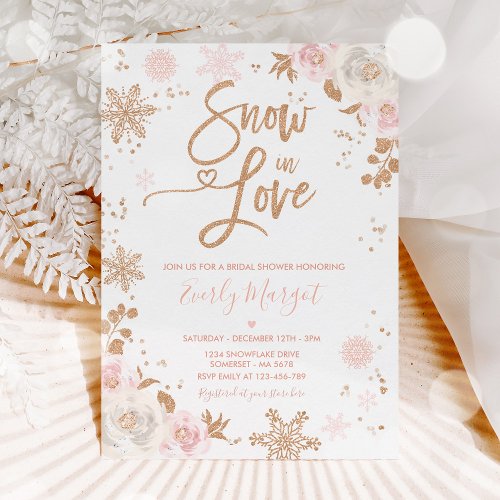 Rose Gold  Pink Winter Bridal Shower Snow In Love Invitation