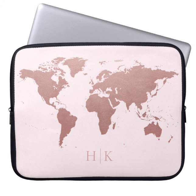 Rose Gold Pink World Map Elegant Monogrammed Laptop Sleeve (Front)