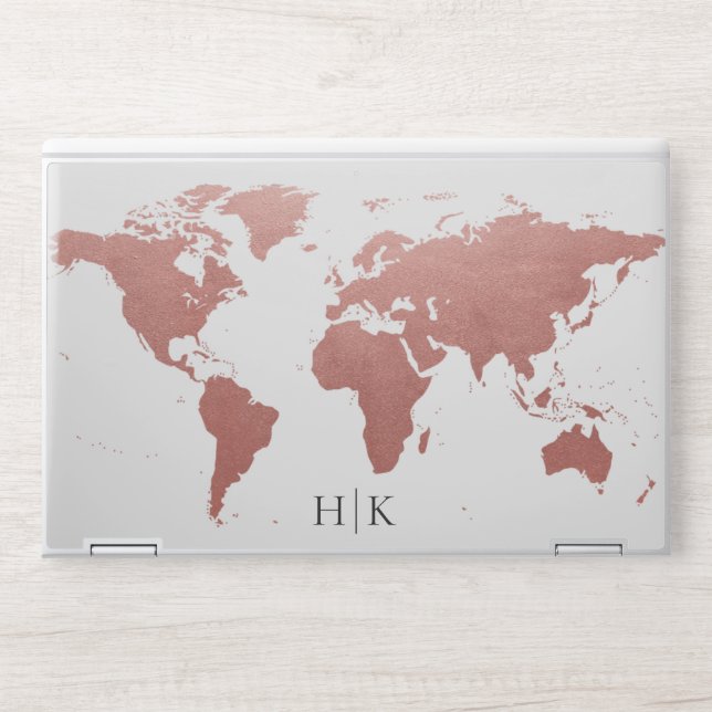 Rose Gold Pink World Map Monogram HP Laptop Skin (Front)