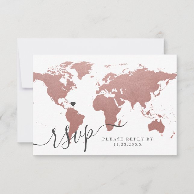 Rose Gold Pink World Map Travel Theme RSVP Card (Front)