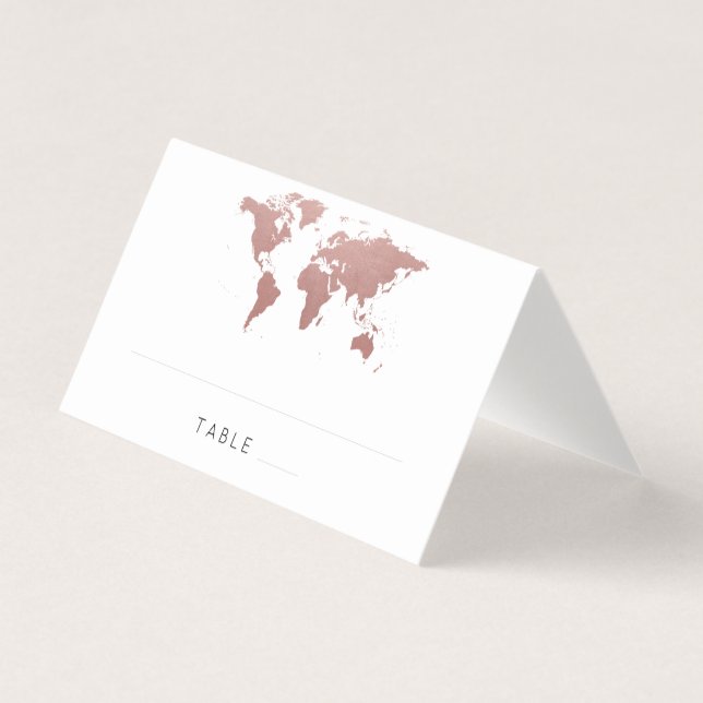 Rose Gold Pink World Map Wanderlust Place Card (Front)