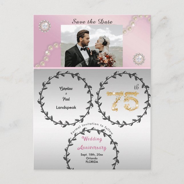 Rose Gold Platinum 75th Anniversary Save the Date Postcard (Front)