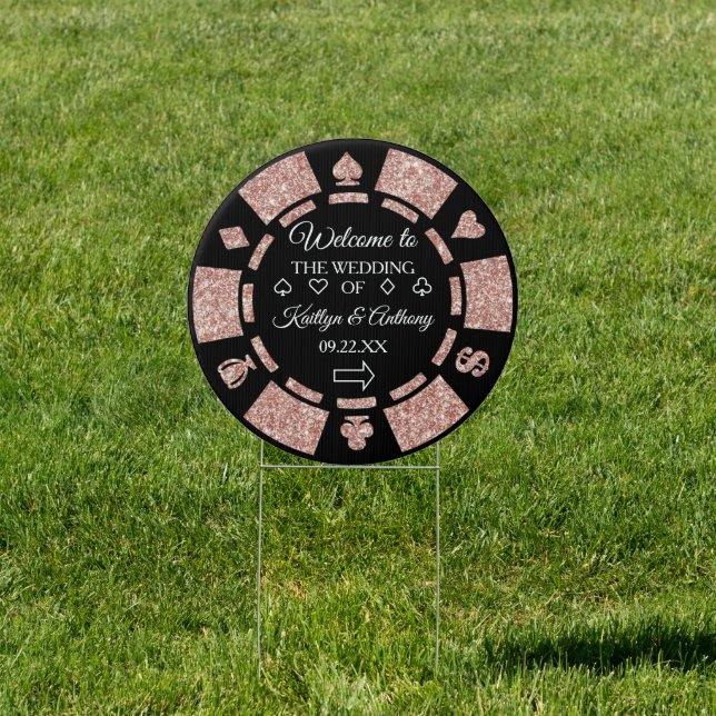 Rose Gold Poker Chip Casino Wedding Welcome Sign (Insitu)