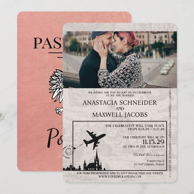 Rose Gold Poland Passport Wedding Invitation (Front/Back)
