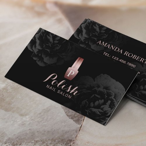 Rose Gold Polish Nail Salon Elegant Black Floral Business Card