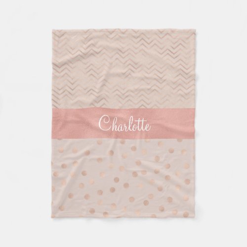 Rose Gold Polka Dot Pattern  Chevron Monogram Fleece Blanket