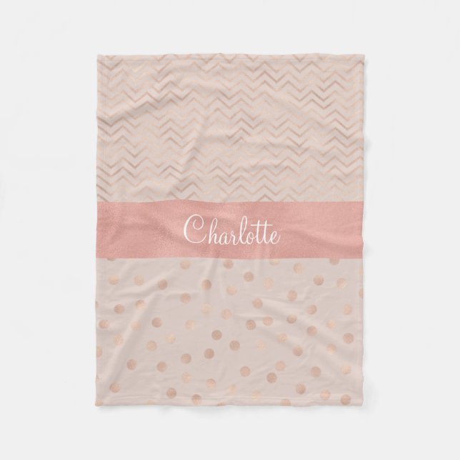Rose Gold Polka Dot Pattern | Chevron Monogram Fleece Blanket (Front)