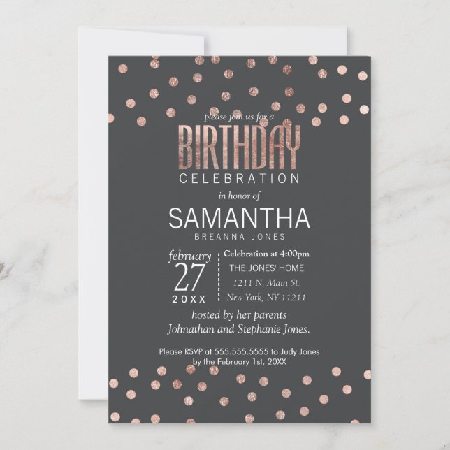 Rose Gold Polka Dots and Charcoal Black Birthday Invitation (Front)
