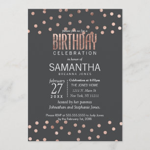 Rose Gold Polka Dots and Charcoal Black Birthday Invitation