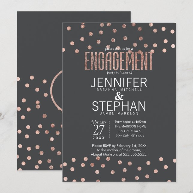 Rose Gold Polka Dots and Charcoal Gray Engagement Invitation (Front/Back)