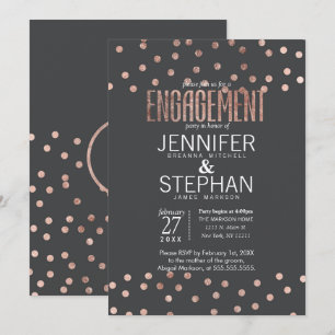 Rose Gold Polka Dots and Charcoal Gray Engagement Invitation