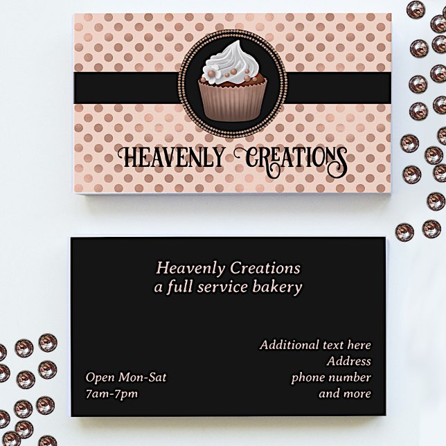 Rose Gold Polka Dots and Cupcake Bakery Business Card (Creator Uploaded)