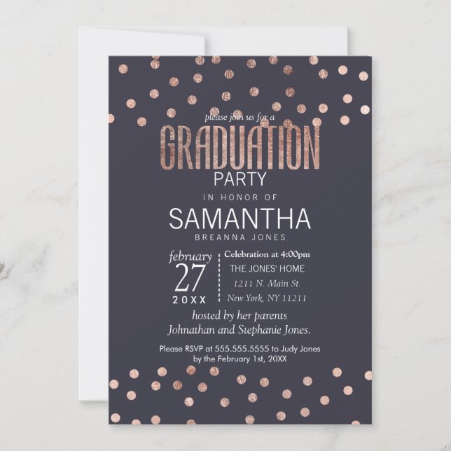 Rose Gold Polka Dots and Navy Blue Graduation Invitation (Front)