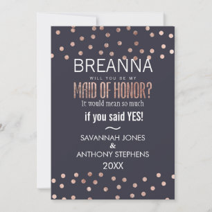 Rose Gold Polka Dots and Navy Blue Maid of Honor Invitation
