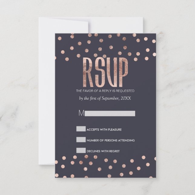 Rose Gold Polka Dots and Navy Blue RSVP Cards (Front)