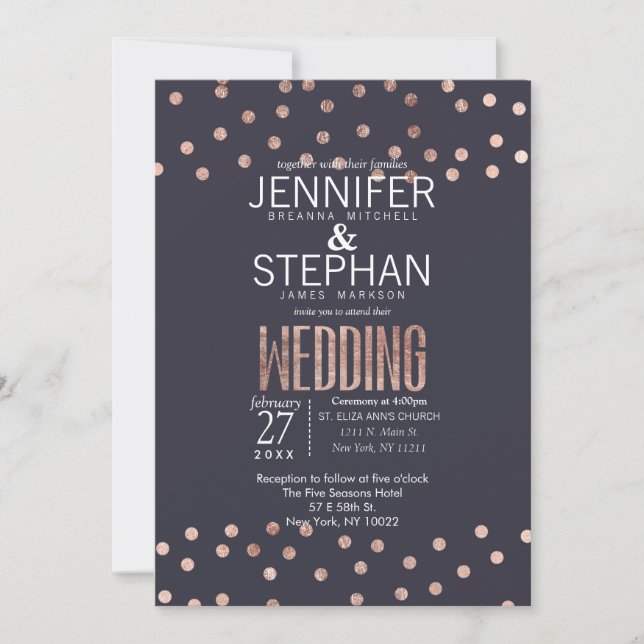 Rose Gold Polka Dots and Navy Blue Wedding Invites (Front)