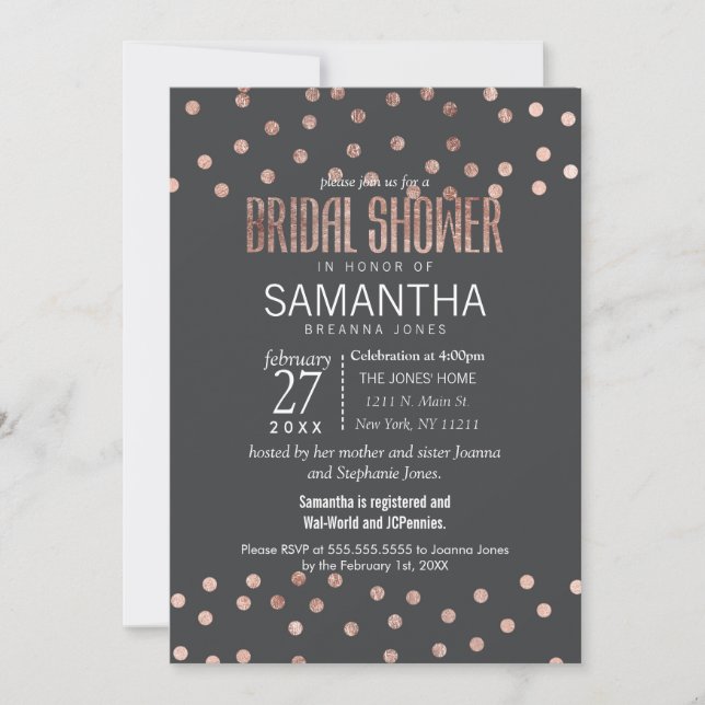 Rose Gold Polka Dots Charcoal Black Bridal Shower Invitation (Front)