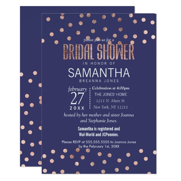 Rose Gold Polka Dots Light Navy Blue Bridal Shower Invitation