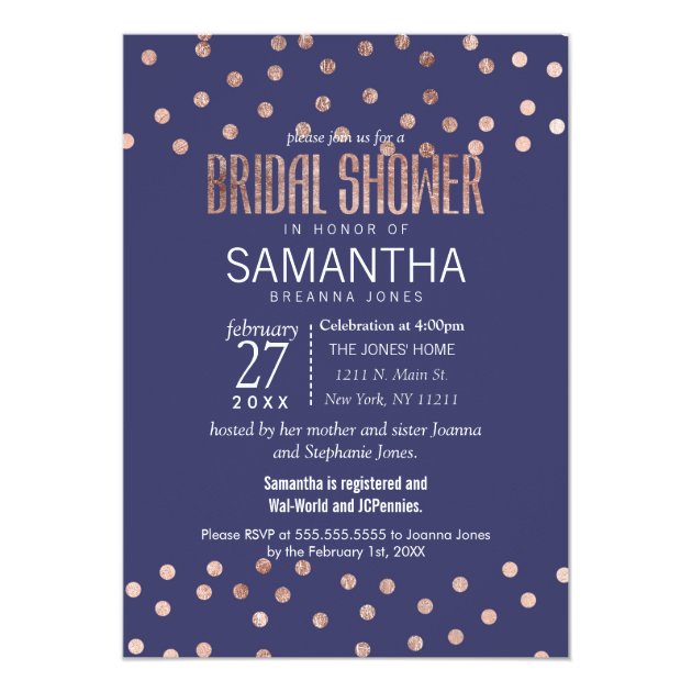 Rose Gold Polka Dots Light Navy Blue Bridal Shower Invitation