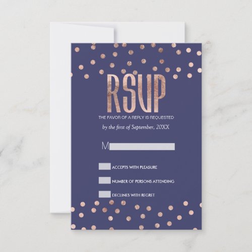 Rose Gold Polka Dots Light Navy Blue RSVP Cards