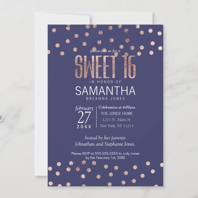 Rose Gold Polka Dots Light Navy Blue Sweet 16 Invitation (Front)