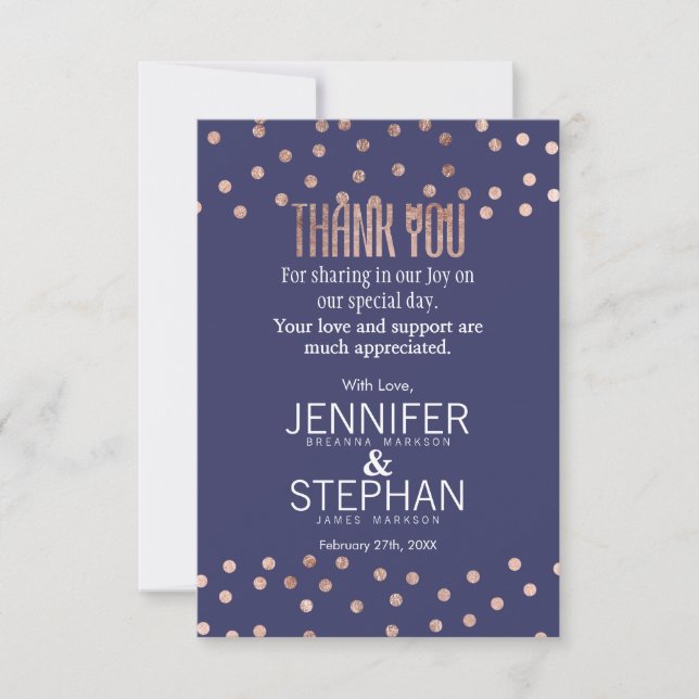 Rose Gold Polka Dots Light Navy Blue Thank You Card (Front)