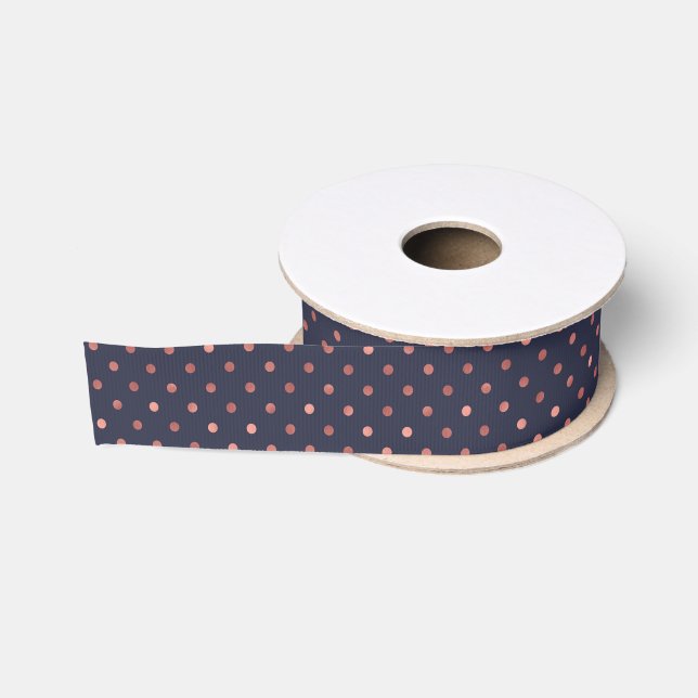 Rose Gold Polka Dots on Navy Background Grosgrain Ribbon (Spool)