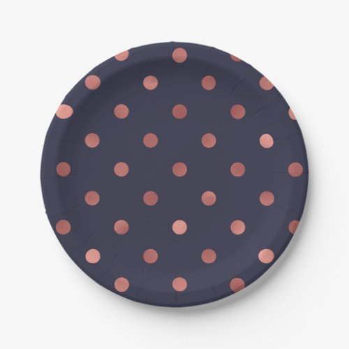 Rose Gold Polka Dots on Navy Background Paper Plates