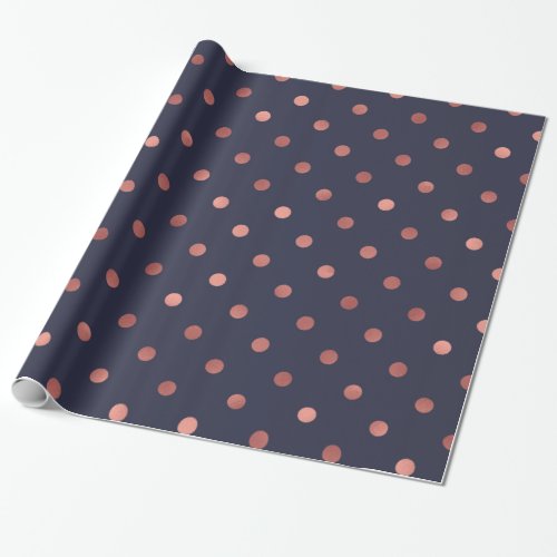 Rose Gold Polka Dots on Navy Background Wrapping Paper