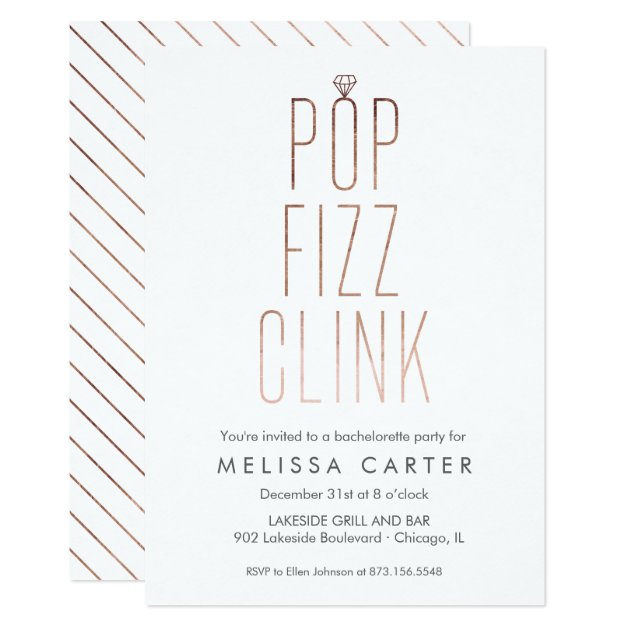 Rose Gold Pop Fizz Clink Bachelorette Faux Foil Invitation