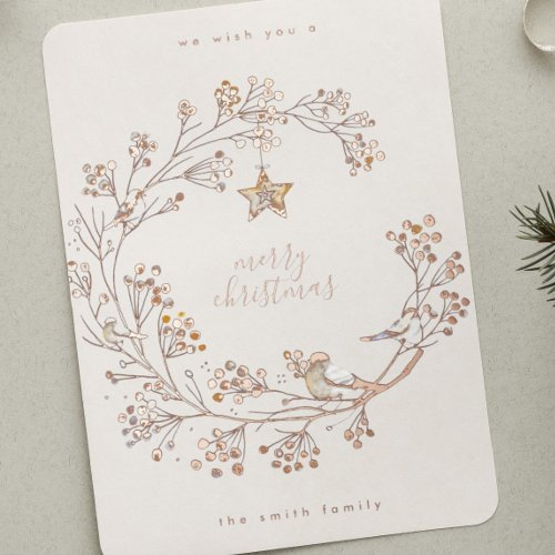 Rose Gold Pressed Wreath Merry Christmas Foil Holiday Card