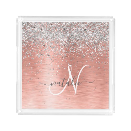 Rose Gold Pretty Girly Silver Glitter Sparkly Acrylic Tray