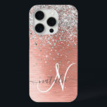Rose Gold Pretty Girly Silver Glitter Sparkly iPhone 15 Pro Case<br><div class="desc">Easily personalize this trendy chic phone case design featuring pretty silver sparkling glitter on a rose gold brushed metallic background.</div>