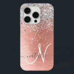 Rose Gold Pretty Girly Silver Glitter Sparkly iPhone 15 Pro Case<br><div class="desc">Easily personalize this trendy chic phone case design featuring pretty silver sparkling glitter on a rose gold brushed metallic background.</div>
